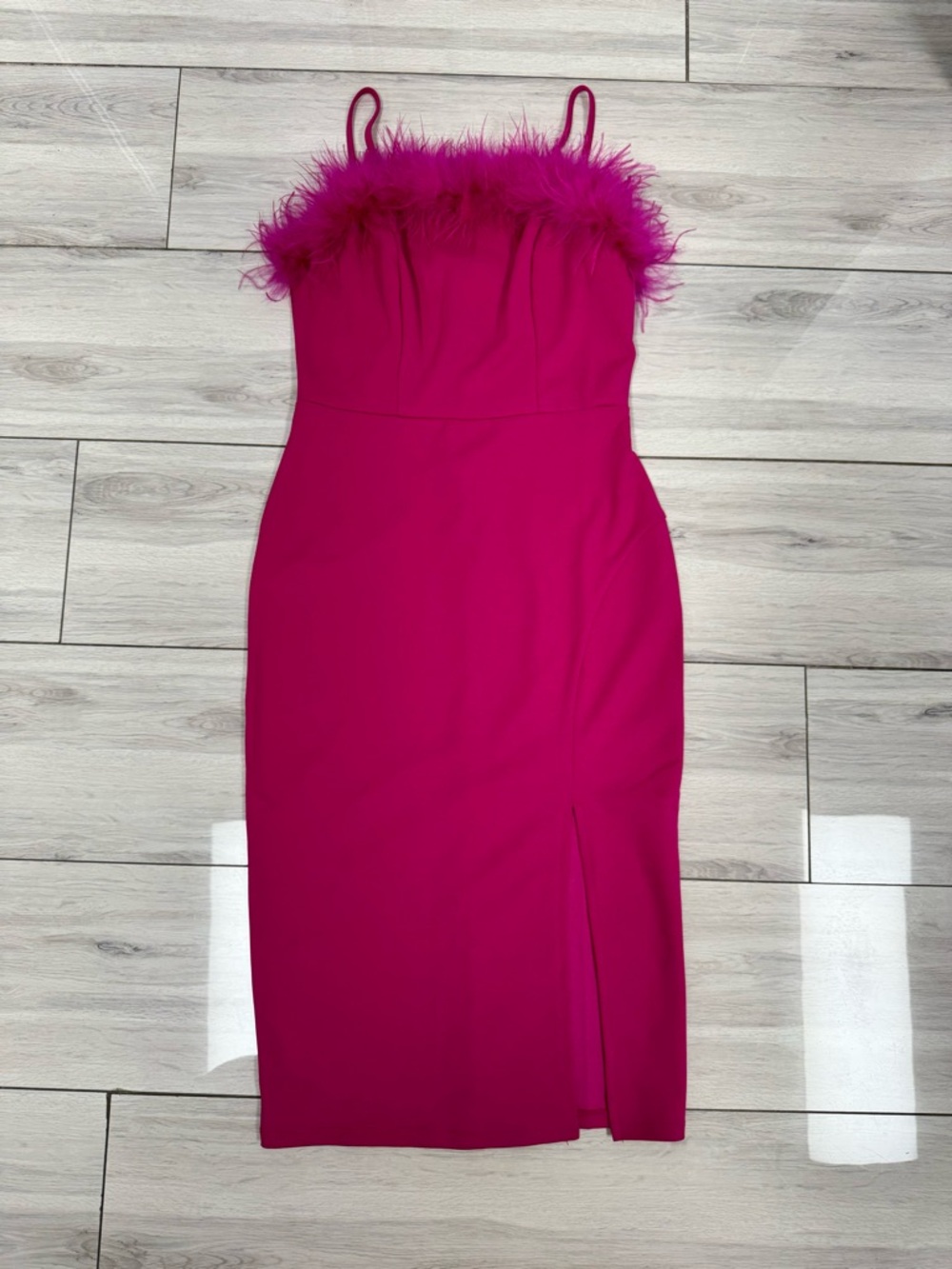 Fuchsia Feather-Trim Spaghetti Strap Midi Dress